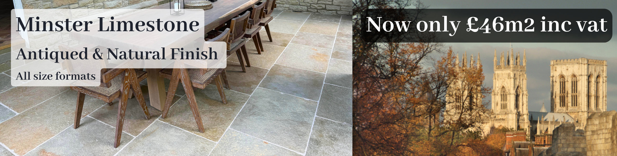 Spring Sale Banner. Minster Natural Limestone Tiles. £47 per square meter