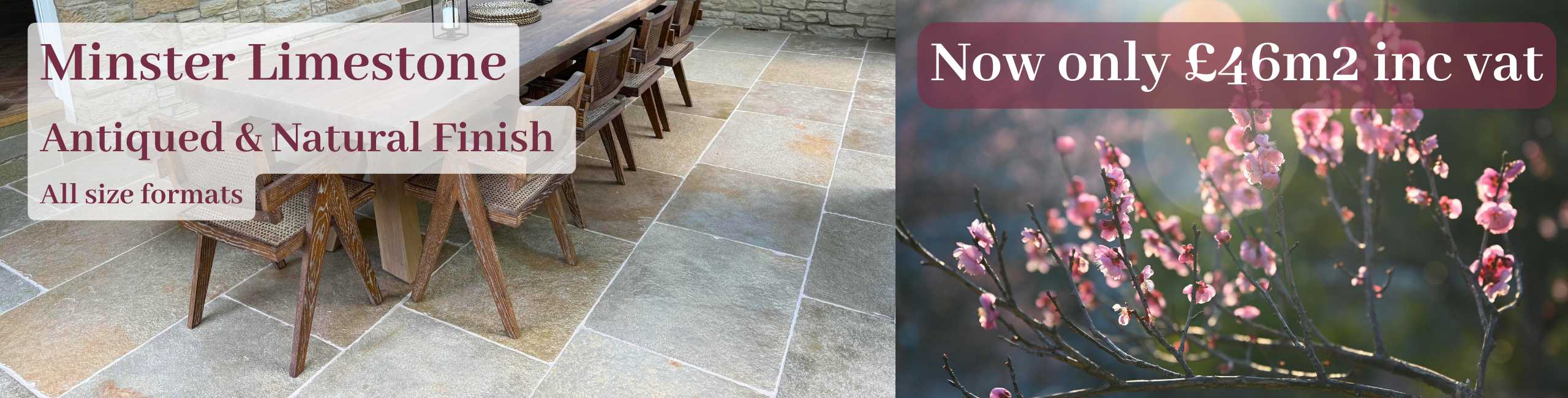 Spring Sale Banner. Minster Natural Limestone Tiles. £47 per square meter