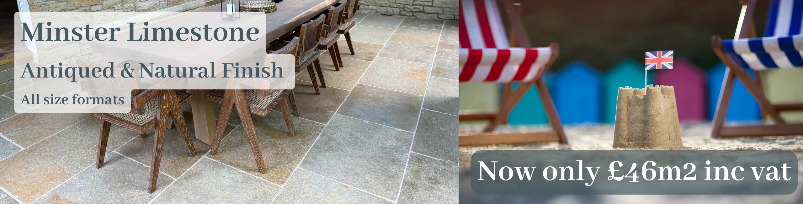 Spring Sale Banner. Minster Natural Limestone Tiles. £47 per square meter